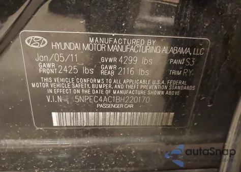 2011 Hyundai Sonata Se z USA, uszkodzony, nr VIN 5NPEC4AC1BH220170